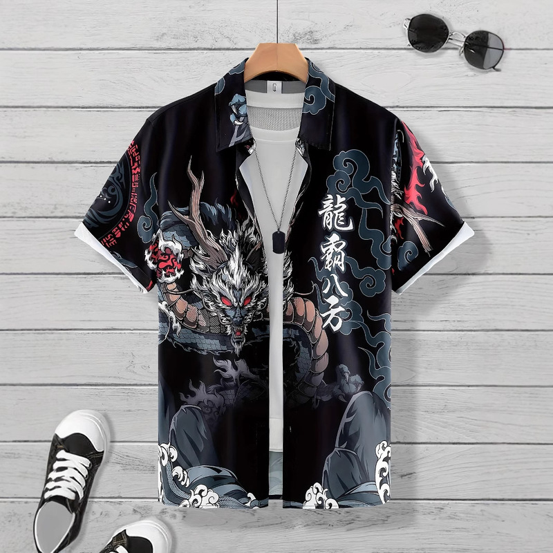 Cross-Border Summer Short-Sleeved Shirt Plus Size Wrangler Element Pattern Printed Shirt Young Men's Casual Top Shirt