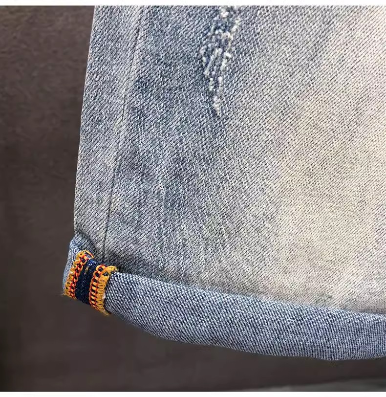 Light Blue Men's Distressed Denim Shorts High Waist Stylish Straight Leg Mid-Length Five Pocket Summer Trendy Clothing_mkmklike.com