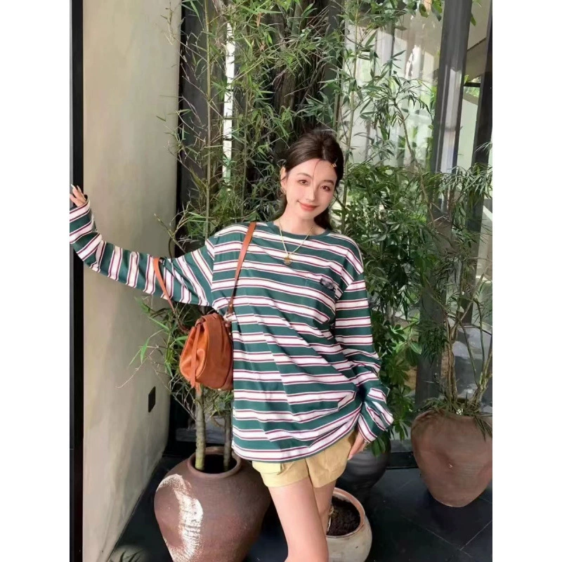 miu2024SS новые универсальные повседневные свободные футболки с длинными рукавами в контрастную полоску для мужчин и женщин, модные топы для пар