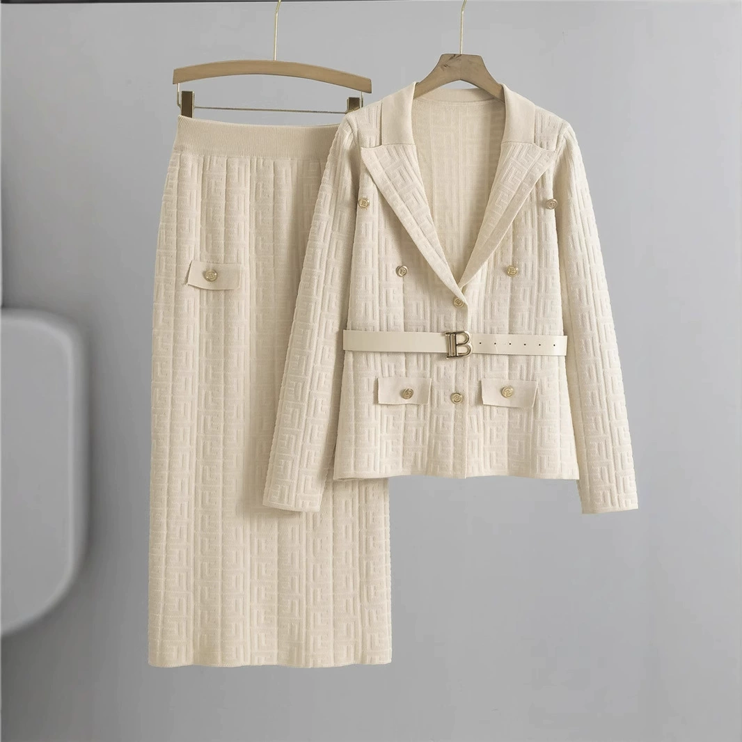 Женский костюм-двойка: жакет с воротником-стойкой, модный костюм для весны и осени, высококачественный, стройнящий, трикотажный, юбка-миди.