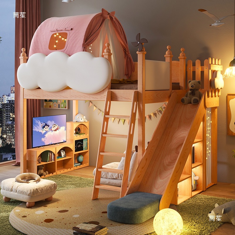 Bunk Bed Half-Height Bed Bunk Bed Solid Wood Princess Bunk Bed Children's Room Tree House Slide Bed Girl High and Low Bed