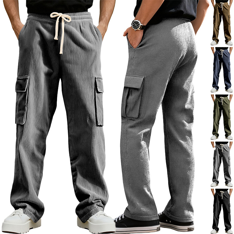 Monochrome Herren-Sommer-Arbeitshose im amerikanischen Retro-Stil, lässige Sporthose, lockere, gerade Cordhose mit weitem Bein_voghion.com