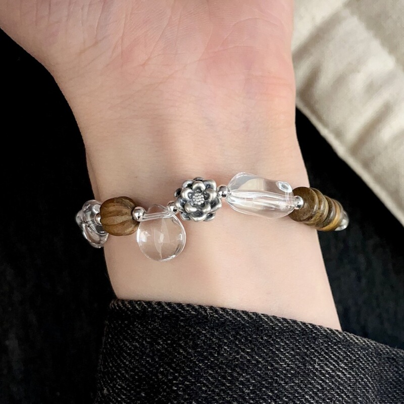 S925 Silver Natural Agarwood Sandalwood Austrian K9 White Crystal Bracelet Niche Chinese Aesthetic Texture
