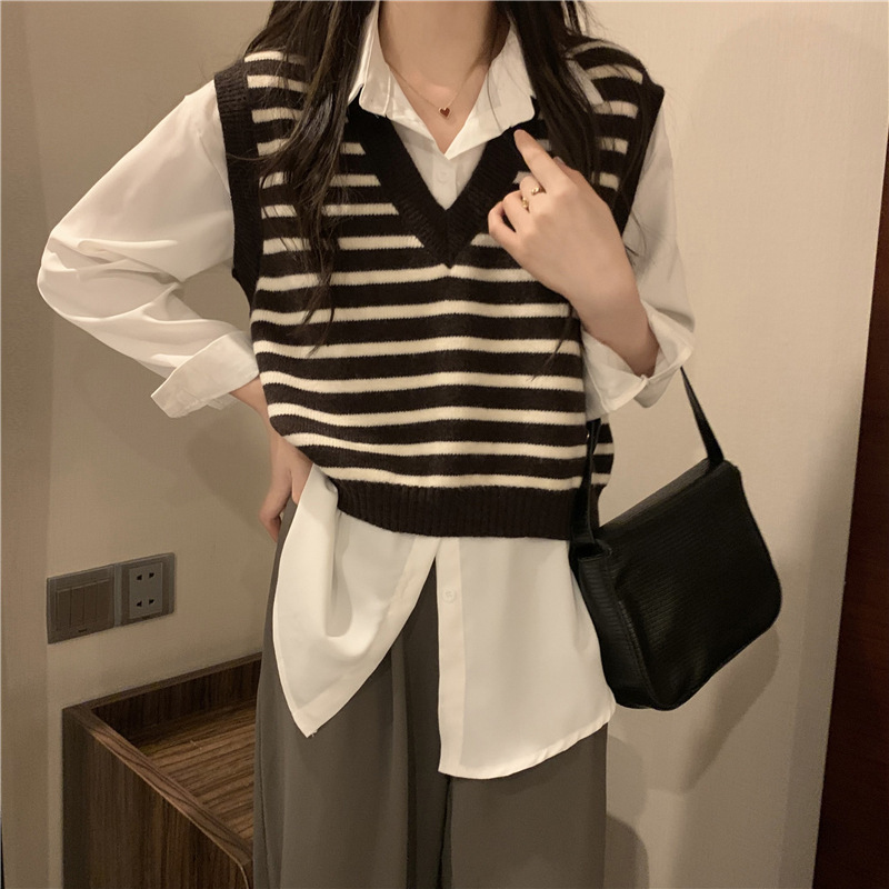 V领条纹针织马甲女2025新款早秋薄款无袖坎肩背心叠穿学院风上衣|undefined