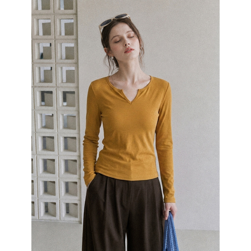 Korean-style orange V-neck long-sleeve T-shirt for women, early autumn 2026, can be worn as a base layer, slim fit, flattering top