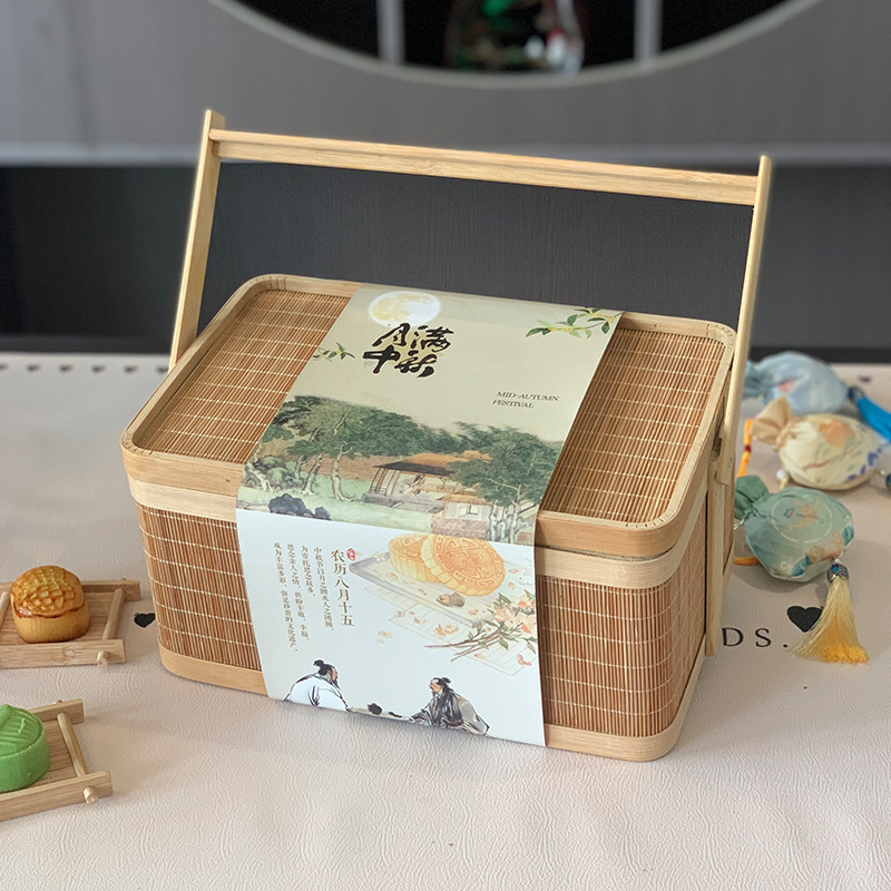Caja de regalo de embalaje de pastel de luna de mediodía de otoño nueva cesta de bambú antigua hecha a mano 2024 caja de embalaje creativa cesta de bambú de alta calidad