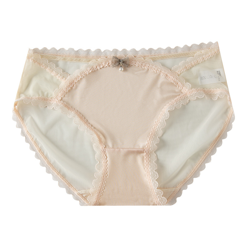 Dulce y puro deseo 2024 nueva ropa interior de encaje sin costuras, transpirable y agradable para la piel, ropa interior de mujer de satén francés de cintura media