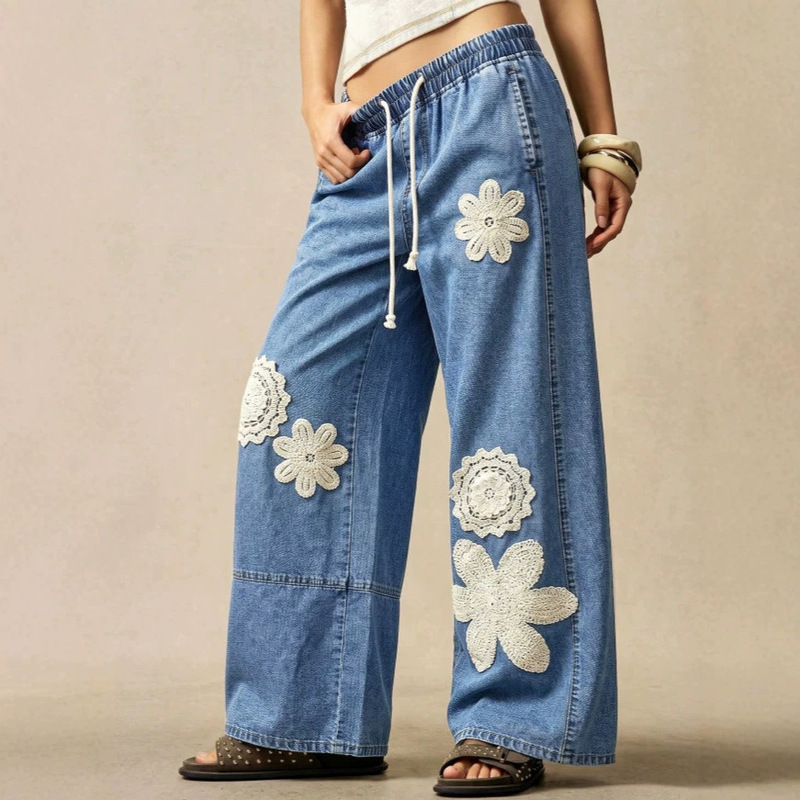 Amazon SE Casual Bohemian Denim Loose Wide-Leg Pants for Women, Holiday Blue and White Floral Print, Autumn Style