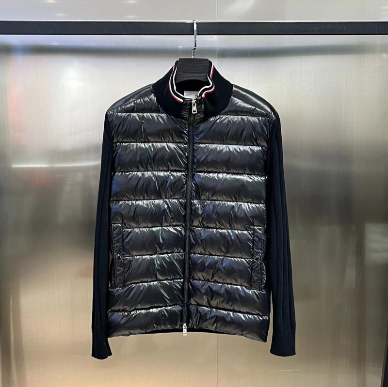 现货M家彩条拼接针织羽绒服蒙家立领保暖毛衣针织袖子薄羽绒外套|undefined
