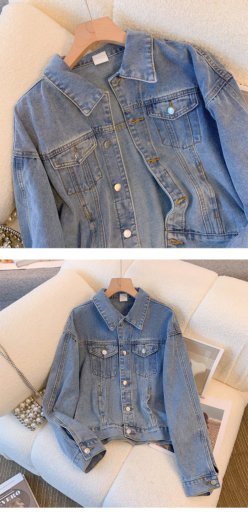 Women’s Vintage Denim Jacket – Classic Indigo & Black Single-Breasted Cardigan Coat (S-2XL)_mkmklike.com