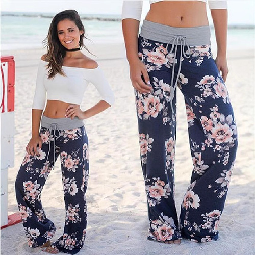 ebayWISH Casual Long Pants Western Fashion Loose Belted Women's Pants Printed Pants High Waisted