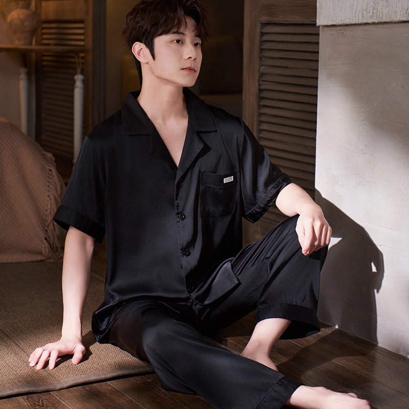 남성용 잠옷 새틴 아이스 실크 여름 반팔 솔리드 컬러 심플 하이 엔드 시뮬레이션 실크 남성용 홈웨어 세트 대형