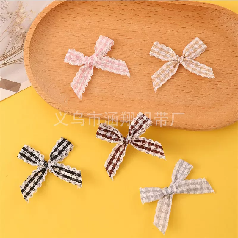 新款格纹蕾丝边蝴蝶结发夹可爱丝带侧边夹配件波浪花边蝴蝶结批发