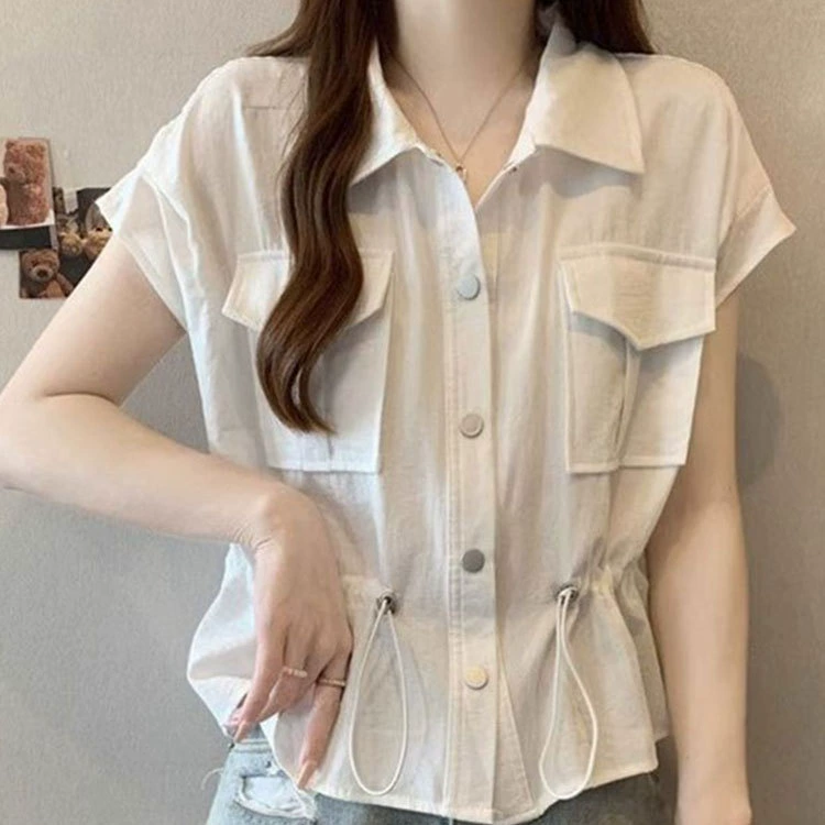 2025 новый летний дизайн модная блузка с лацканами и завязками на талии для женщин, утягивающая живот, рабочая одежда, повседневная рубашка