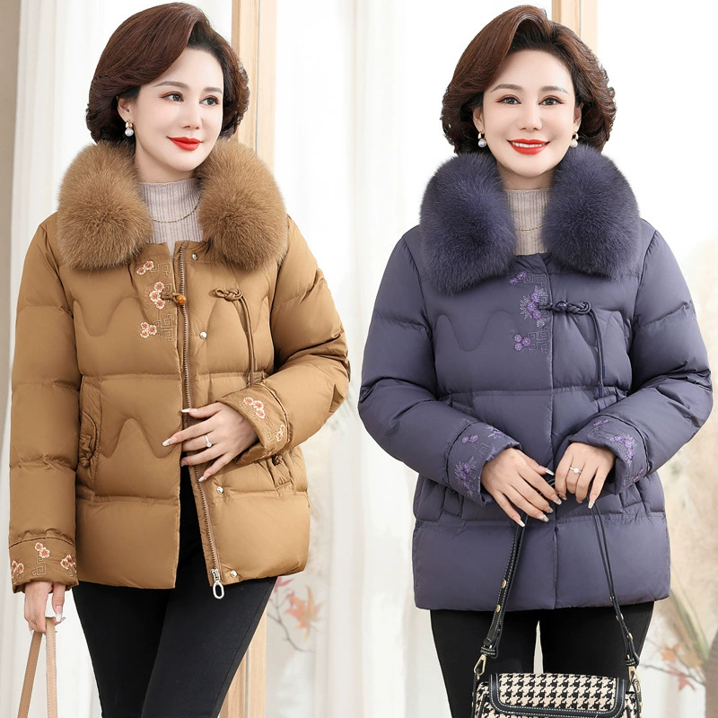 Средний и пожилой женский пуховик женский 2024 зимний новый национальный ветер вышивка мама наряд лиса меховый воротник теплая куртка
