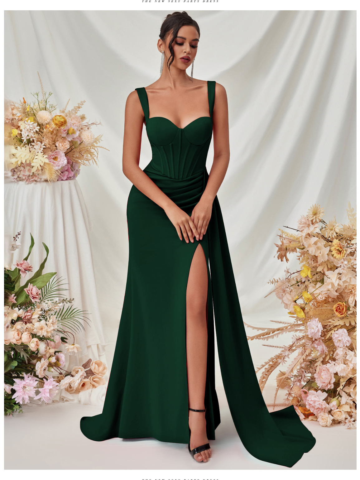Nuevo vestido de noche sexy dividido de estilo europeo y americano, vestido largo con tirantes delgados de cadera de temperamento femenino de alta gama en stock