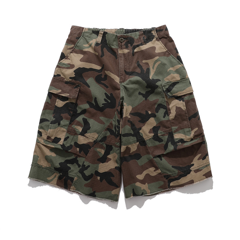 American Retro Functional Multi-Pocket Cargo Camouflage Shorts Men's High Street Trendy Brand Elastic Waist Loose Wide-Leg Cropped Pants