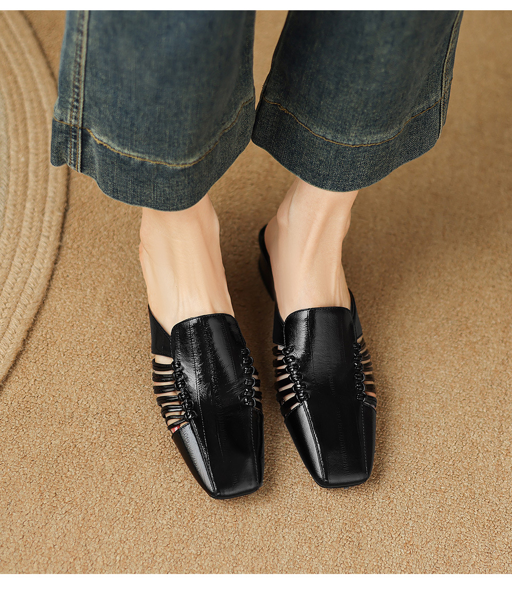 Dép sandal nữ quai chữ V bệt mũi tròn phong cách vintage — đen chi tiết 27