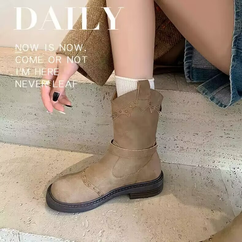 复古皮带扣平底铆钉西部靴骑士靴短靴女2025夏新款英伦马丁靴单靴|undefined
