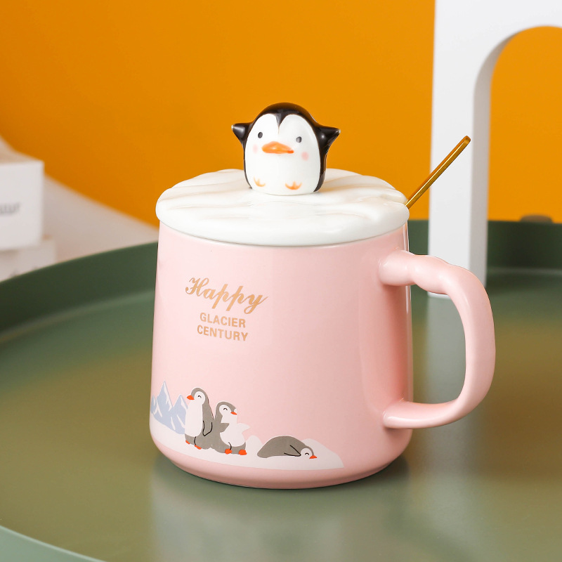 Creativo lindo pingüino Taza de cerámica de dibujos animados pareja taza de café con tapa cuchara estudiante resistente al calor taza de agua