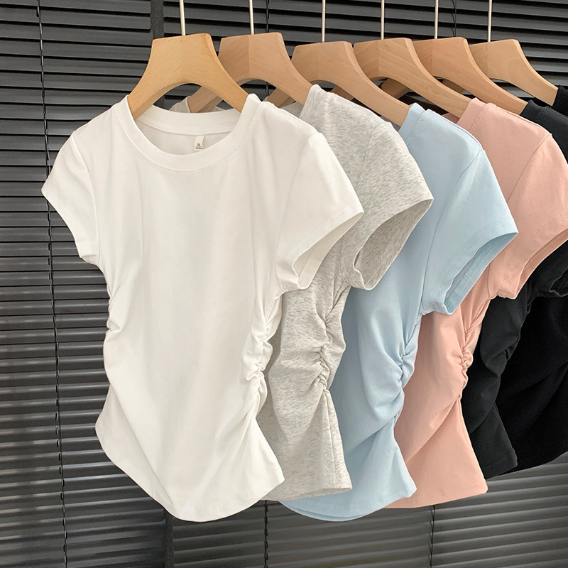 Pure Cotton White Round Neck Right Shoulder Short-Sleeved T-Shirt for Women Summer New Pleated Slimming Look Waist Top Versatile Simple Style
