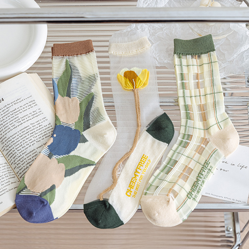 Cotton Bottom Breathable Glass Silk Women's Socks Women's Lace Crystal Stockings Japanese Style Distinctive ins Fashionable Silk Stockings