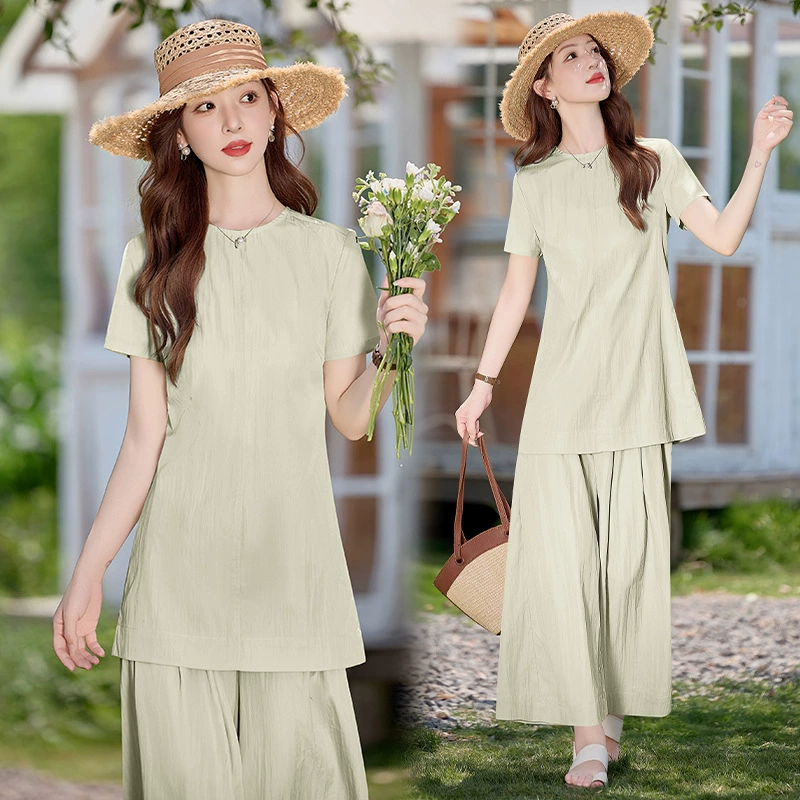 2025 новый летний женский топ с короткими рукавами и круглым вырезом + широкие брюки с высокой талией, комплект из двух предметов с длинными рукавами и утягивающим костюмом