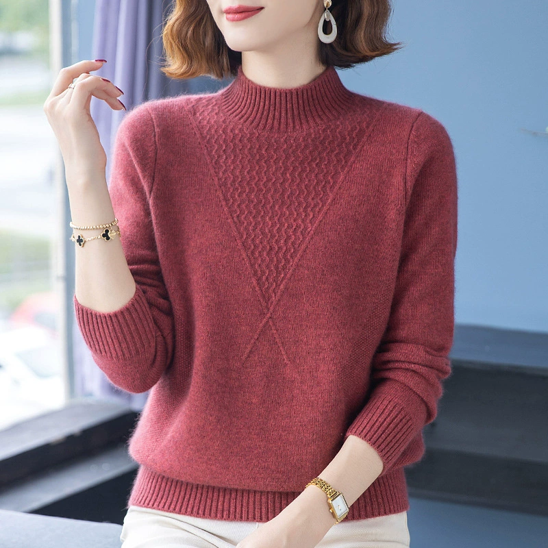 Свитер для матери среднего возраста, Женская утолщенная вязаная Базовая рубашка, осенне-зимний стильный топ с воротником до локтя, свитер из 100% чистой шерсти