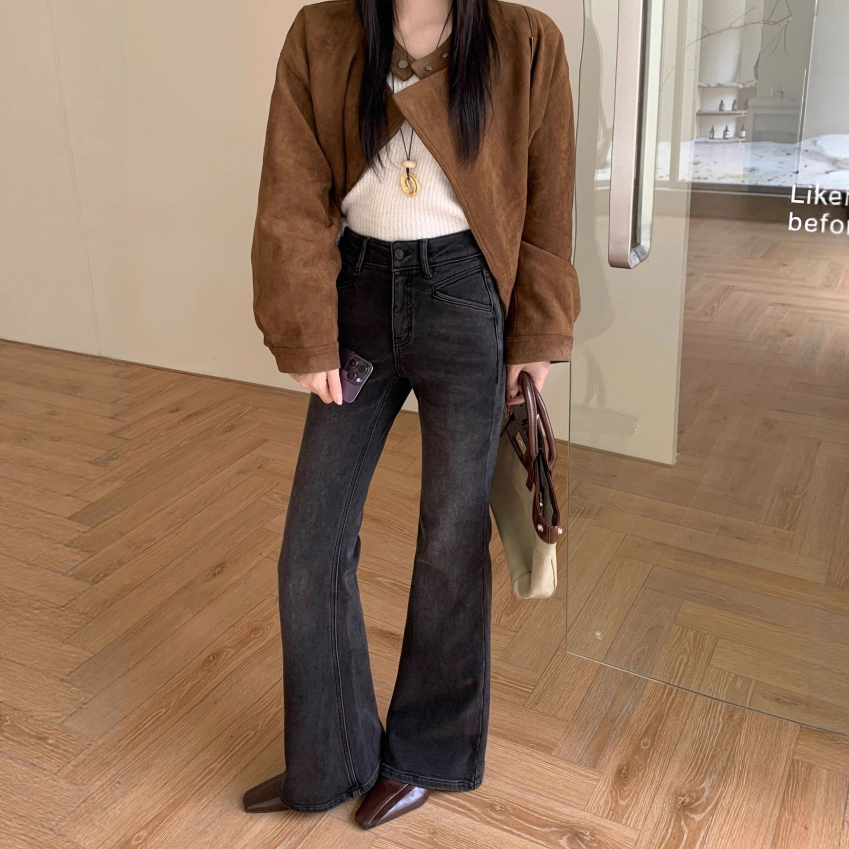 冬上新 十三行优质修身显瘦微喇裤做旧四面弹力加绒牛仔裤女工厂