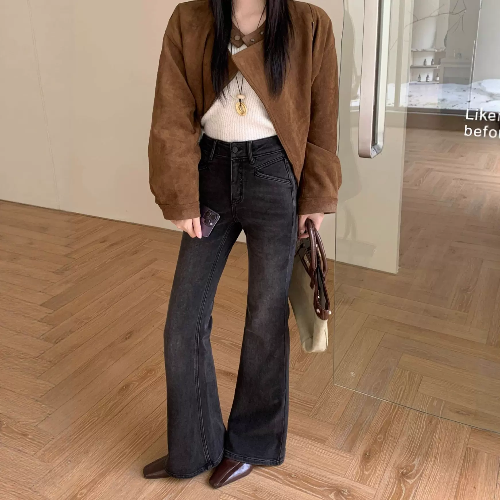 冬上新 十三行优质修身显瘦微喇裤做旧四面弹力加绒牛仔裤女工厂