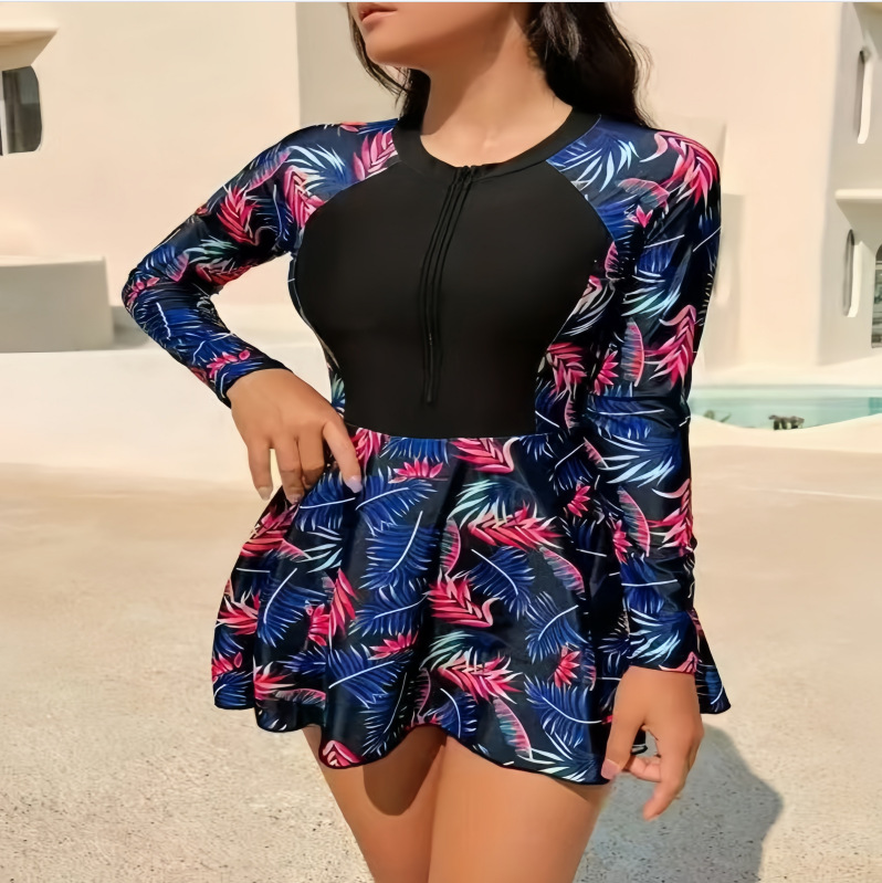 European and American Skirt-Style Swimsuit Long-Sleeved Zipper Surfing Swimsuit Split Boxer Briefs Sports Sun Protection Surfing Suit Conservative Swimsuit