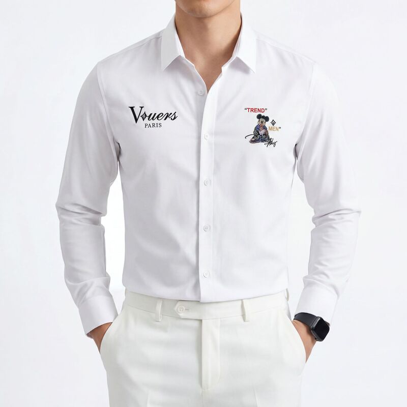 [Customized] Light Luxury and High-End Casual Mickey Mouse Print Non-Iron Men's Business Long-Sleeved Shirt