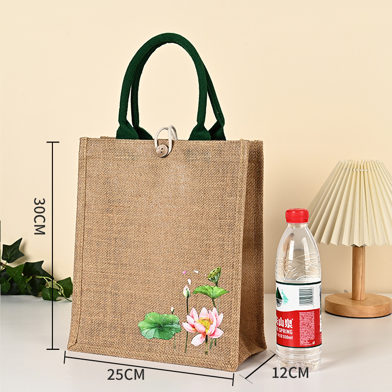 Bolsas de lino en stock, bolsas de compras de yute con botón, bolsas de lino con bordado de loto recubierto, personalizables.