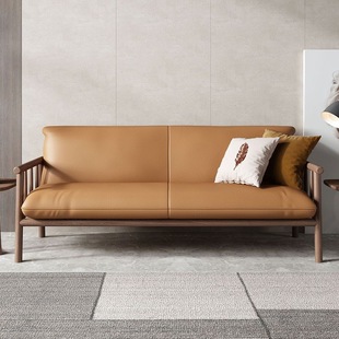 Japanese-Style Leather Sofa for Small Living Rooms, All Solid Wood Nordic Rubber Wood Straight Double or Three-Seater Sofa, Simple and Modern