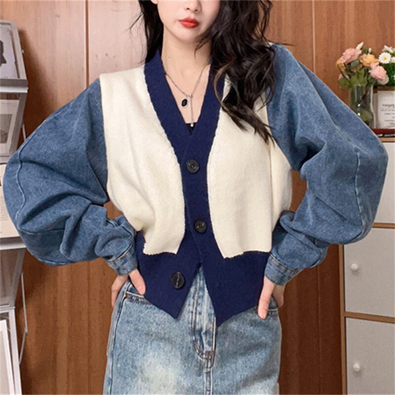Denim Sleeve Patchwork Sweater Women's Coat 2026 Autumn/Winter New Loose V-Neck Color-Block Fashionable Knit Cardigan Trendy