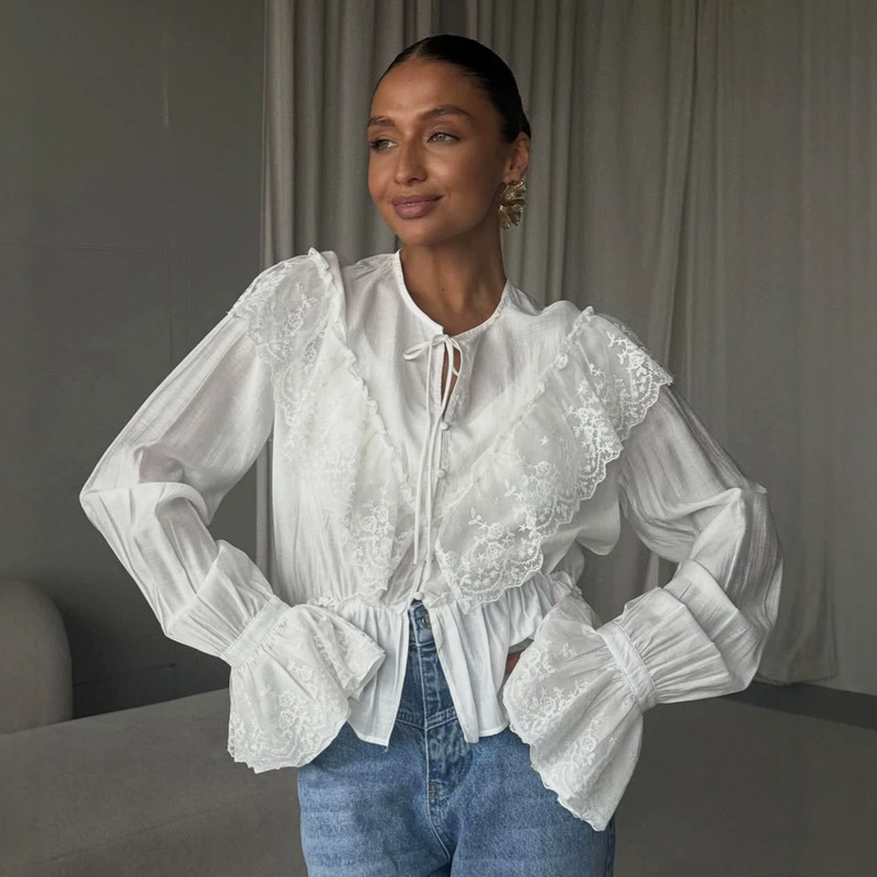 French Elegant White Lace Bell-Sleeve Top for Women 2026 Summer Workplace Fashion Round Neck Patchwork Lace-Up Shirt