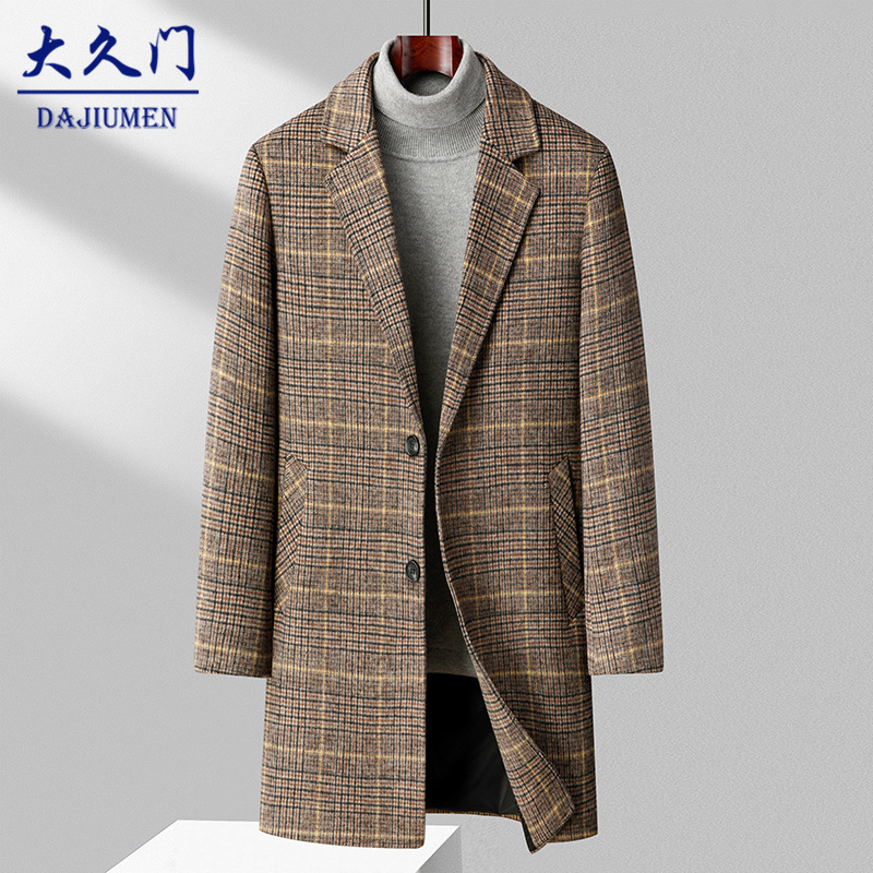 秋冬新款毛呢大衣男格子中长款羊毛风衣男加厚羊毛呢大衣男装外套