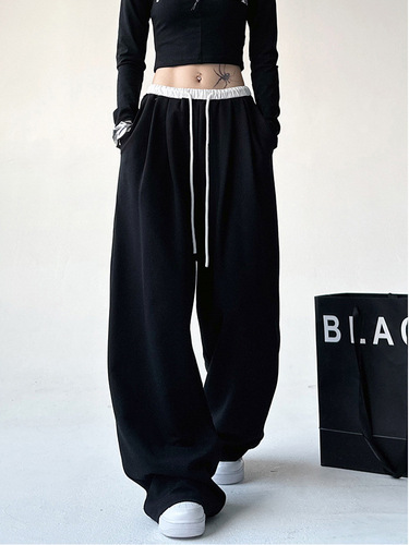 Oversized color-blocked waist slimming casual sweatpants wide-leg pants suitable for spring and autumn, high-waisted, droopy, loose, floor-length pants