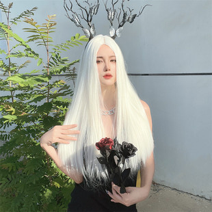 Factory in stock Wig Women's European and American Fashion White Long Straight Hair Chemical Fiber Headgear Cross-border Mid-long Hair Overseas Hair