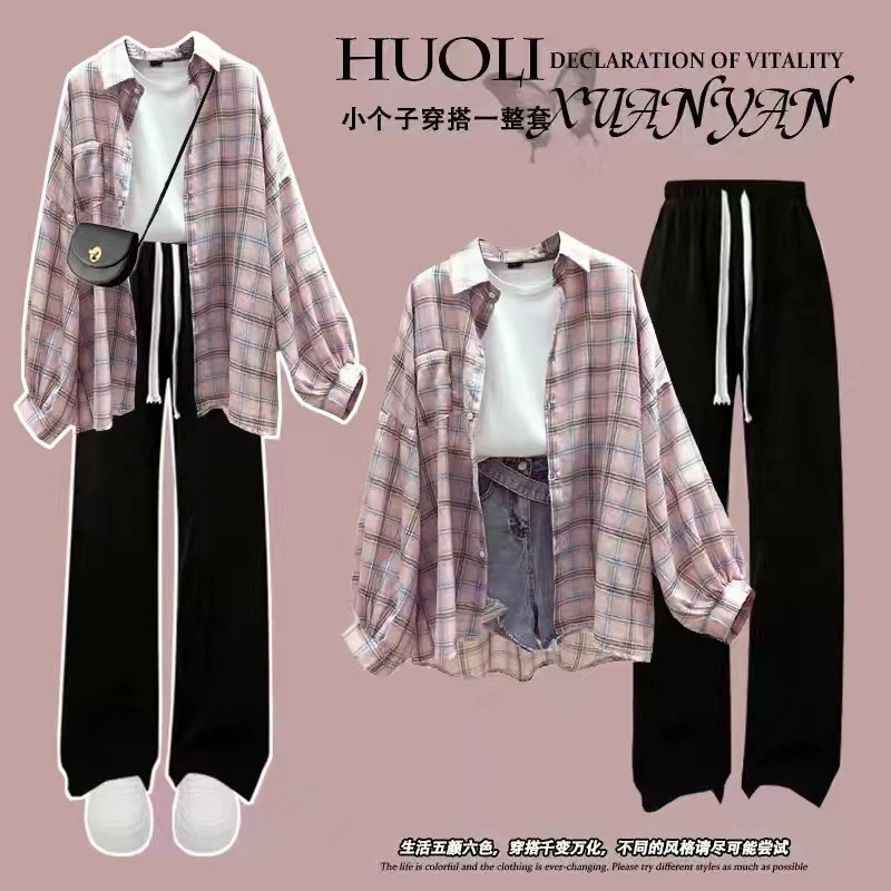 夏の女子学生韓国風ルーズ長袖チェック柄日焼け止め服シャツ+半袖Tシャツ+|undefined