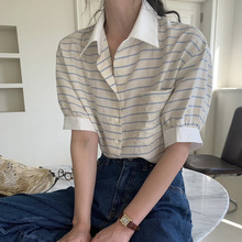 韩国chic夏季小众设计感撞色翻领单排扣宽松休闲泡泡袖条纹衬衫女