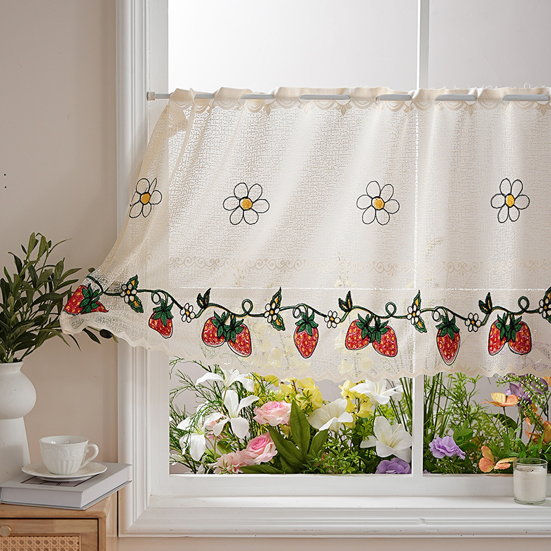 Nuevas cortinas de café transfronterizas, pequeñas, frescas, a prueba de polvo, bordadas, cortinas transparentes, impermeables, sin perforaciones, estadounidenses