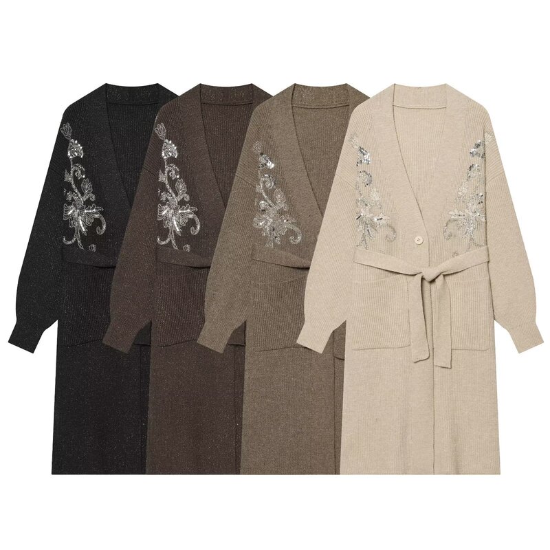 Taop&Za Women's 2026 Summer New Trendy Elegant Belt-Decorated Heavy Beaded Embroidery Sequin Knitted Long-Sleeve Cardigan