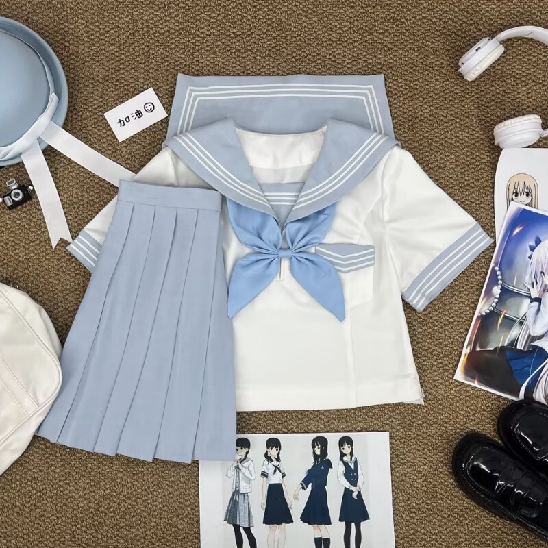Water Blue and White Three-Piece Japanese School Style Fresh Jk Uniform Kansai Collar Light Blue Sailor Suit Pleated Skirt Set