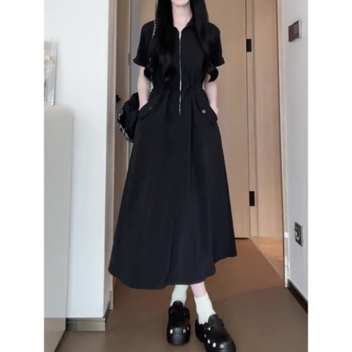 French-style gentle short-sleeve blouse dress for women, summer design with pockets, waist-cinching for a slimming effect, temperament A-line long skirt