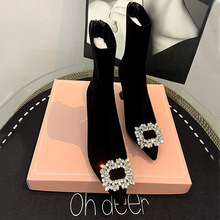 气质高跟弹力瘦瘦靴女尖头黑色短靴水钻方扣时装靴女靴