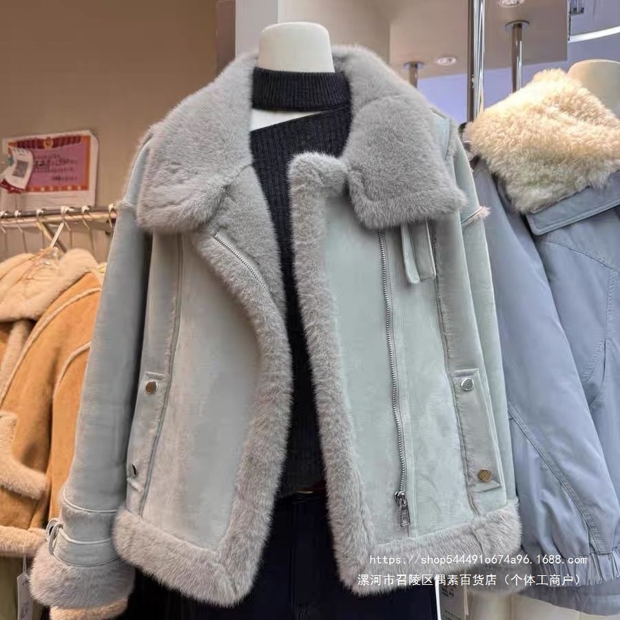 韩国新品加绒加厚皮毛一体羊羔毛绒外套女2026冬新款机车服潮女