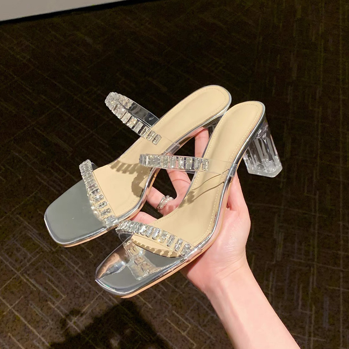 Sheepskin Version ~ 2024 New Rhinestone Genuine Leather High Heel Sandals Women's Silver French Transparent Thick Heel Half-Slippers