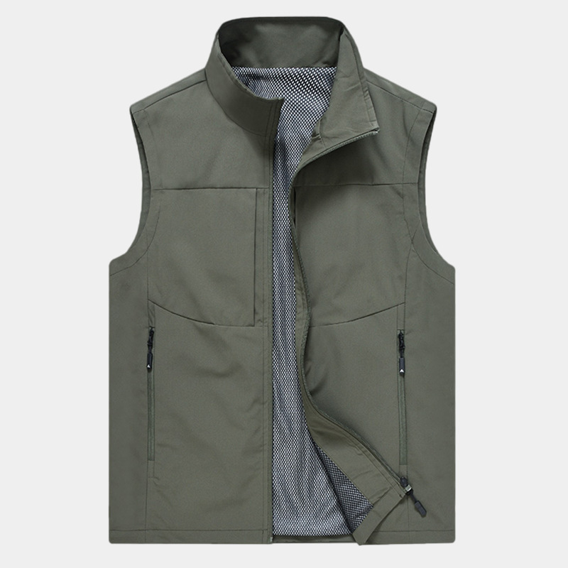 Spring New Style Casual Breathable Vest for Outdoor Photography, Fishing, and Sports, Men's Cardigan with Stand Collar, Printed Logo, Sleeveless Jacket