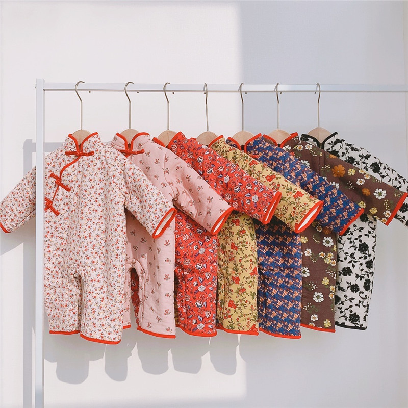 Bebé Niñas Año Nuevo cheongsam forrado de lana mameluco bebé ropa de invierno estilo chino engrosado mono caliente bolsa pedo mameluco